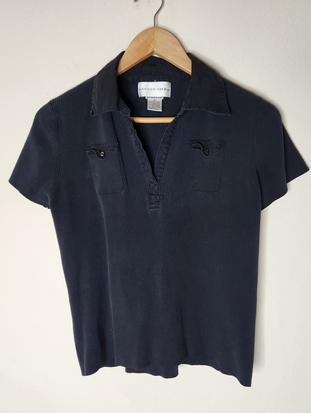 VTG August Silk Womens Medium Black Ribbed Stretch Silk Blend Polo Top